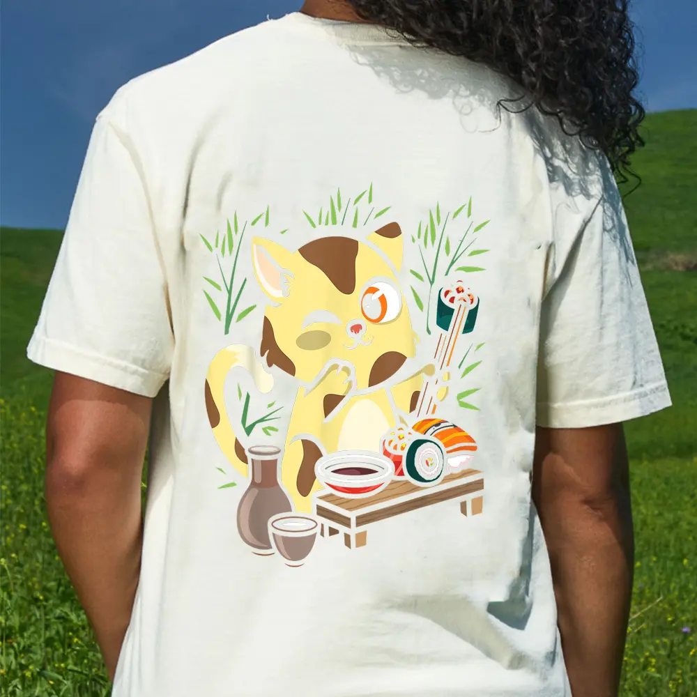Animal Sushi Cat Lover Japanese Kawaii Cat Eating Food Art T-Shirt - Cream
