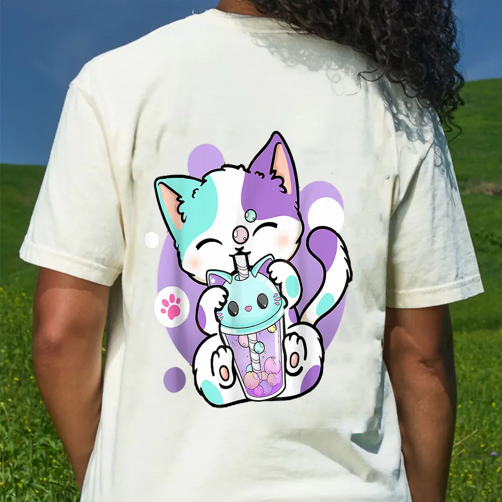 Anime Kawaii Cat Boba Bubble Tea Neko Boba Tea Cat For Girls T-Shirt - Cream