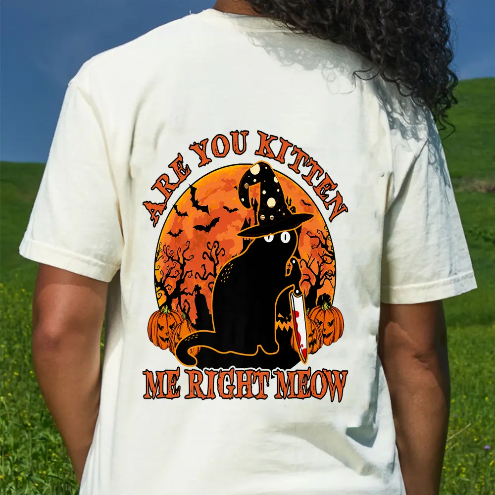 Are You Kitten Me Right Meow Black Cat Witch Knife Halloween  T-Shirt - Cream
