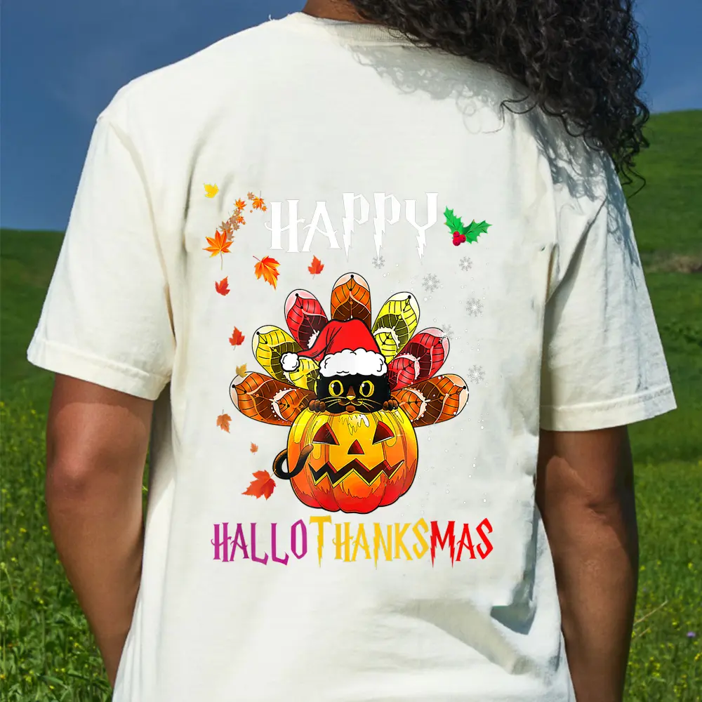 Black Cat Halloween And Merry Christmas Happy Hallothanksmas T-Shirt - Cream