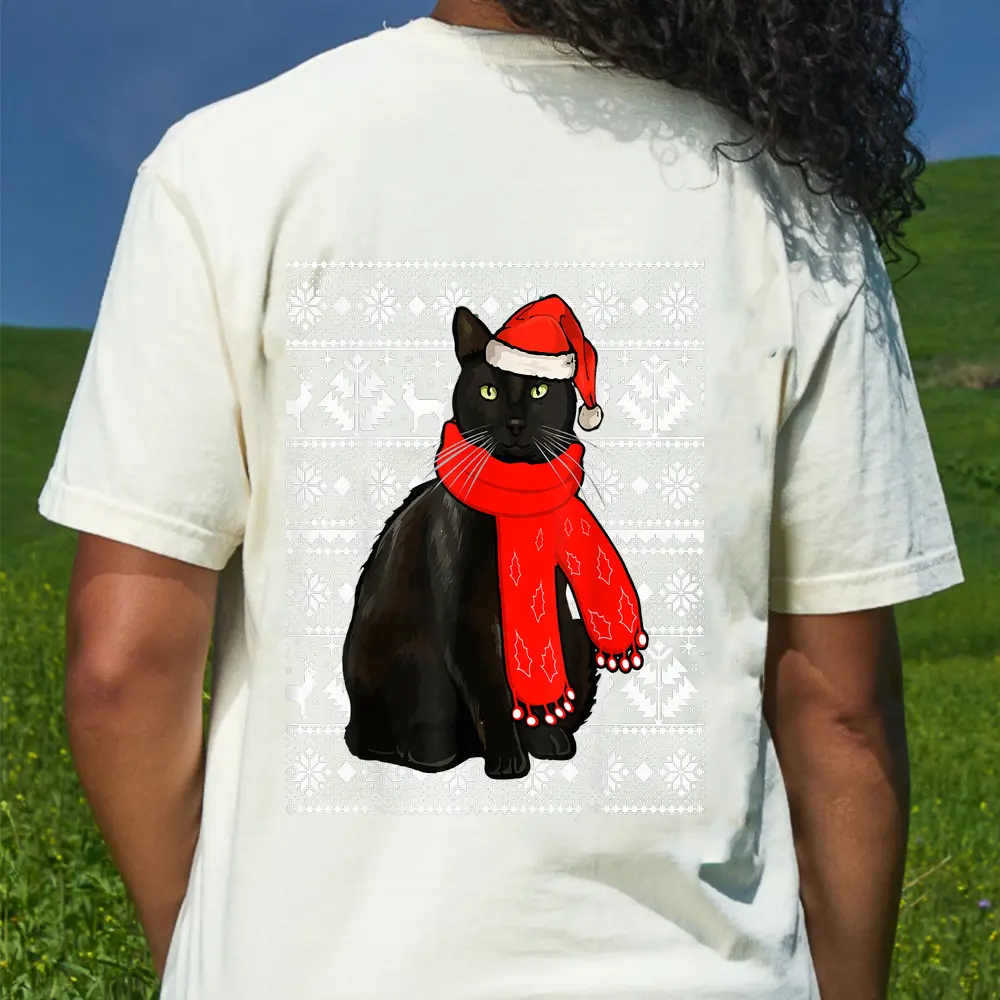 Black Cat Santa Hat Ugly Christmas Sweater Funny Xmas Pajama T-Shirt - Cream