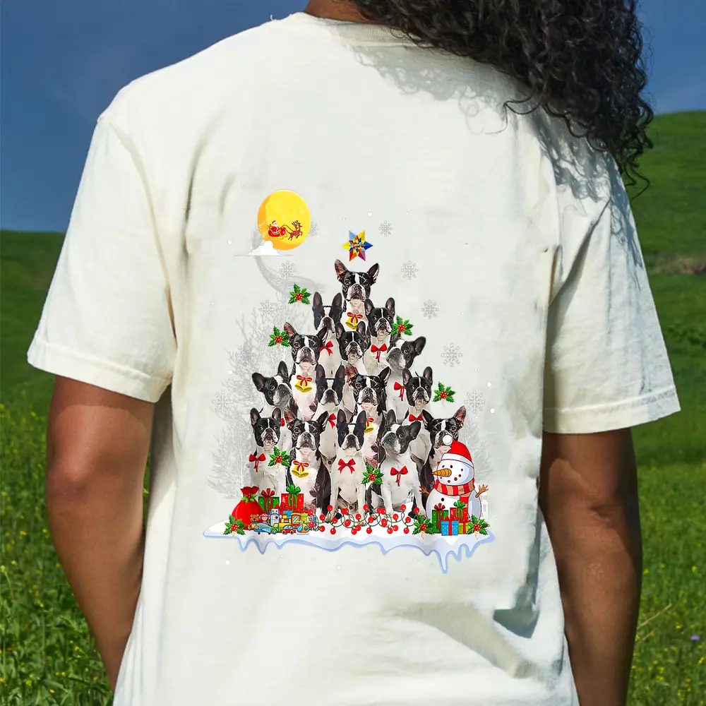 Boston Terrier Dog Lover Matching Santa Christmas Tree T-Shirt - Cream