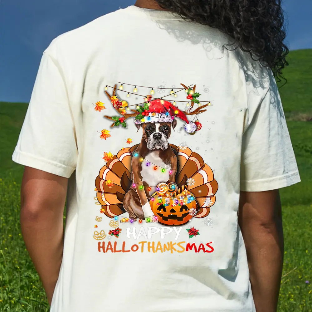 Boxer Dog Happy Hallothanksmas Halloween Thanksgiving Xmas T-Shirt - Cream