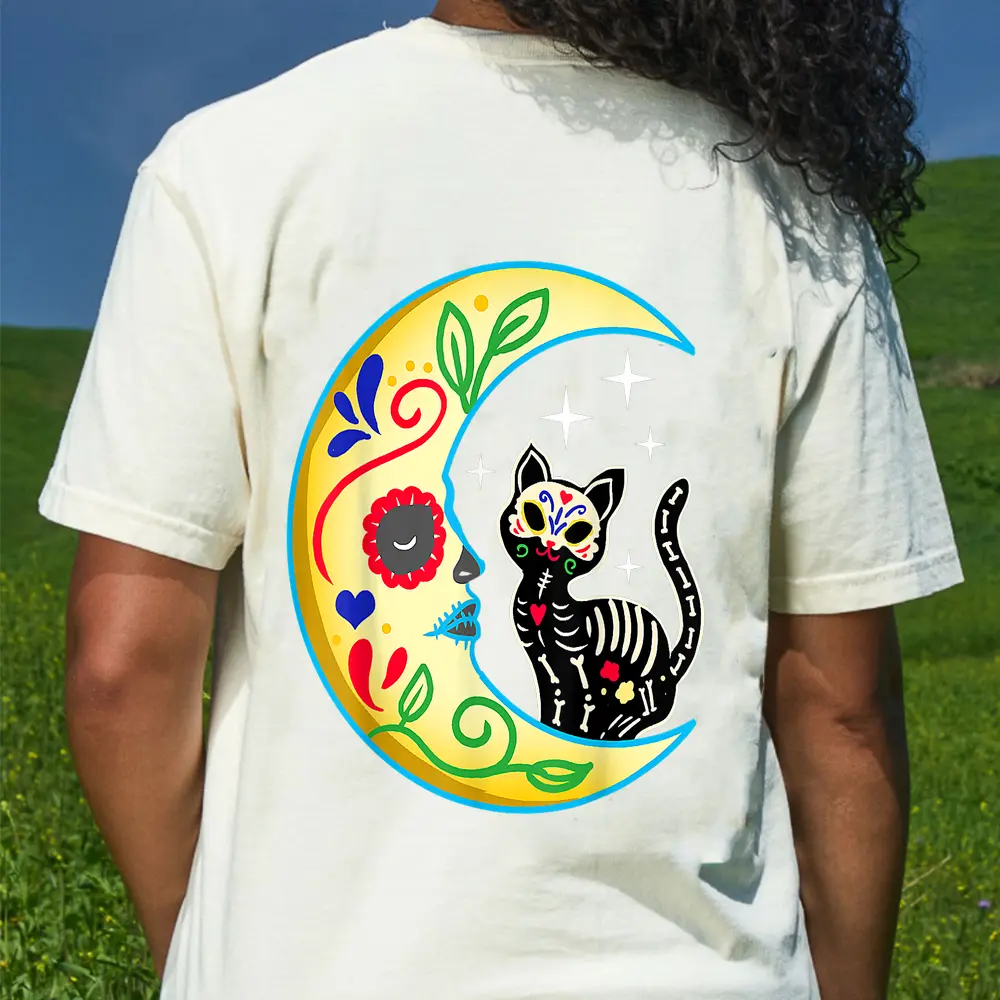 Cat Moon Sugar Skull Dia De Los Muertos Day Of He Dead T-Shirt - Cream