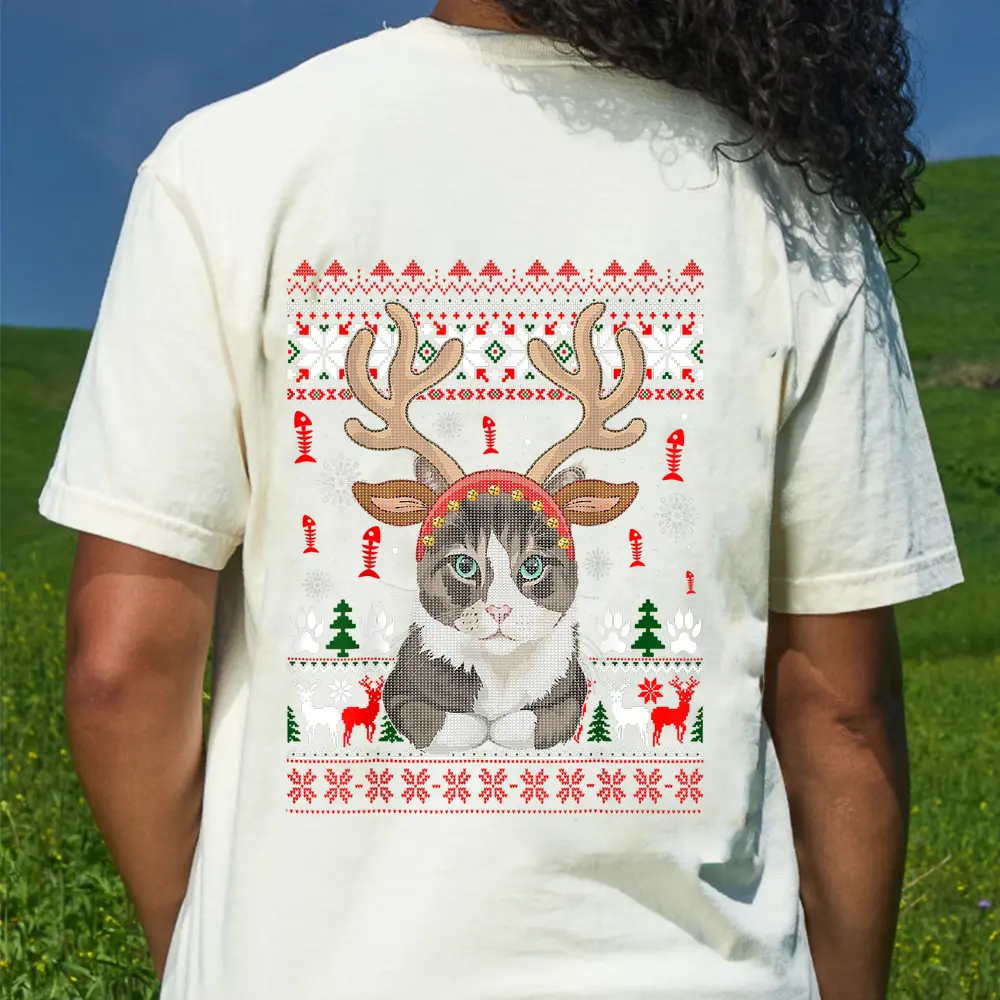 Cat Reindeer Antlers Headband Funny Ugly Christmas Sweater T-Shirt - Cream