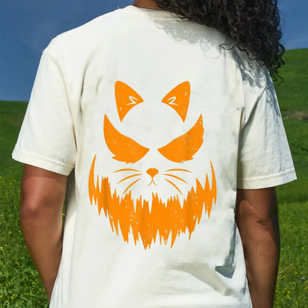 Cat Scary Pumpkin Face Jack O Lantern Halloween Costume T-Shirt - Cream