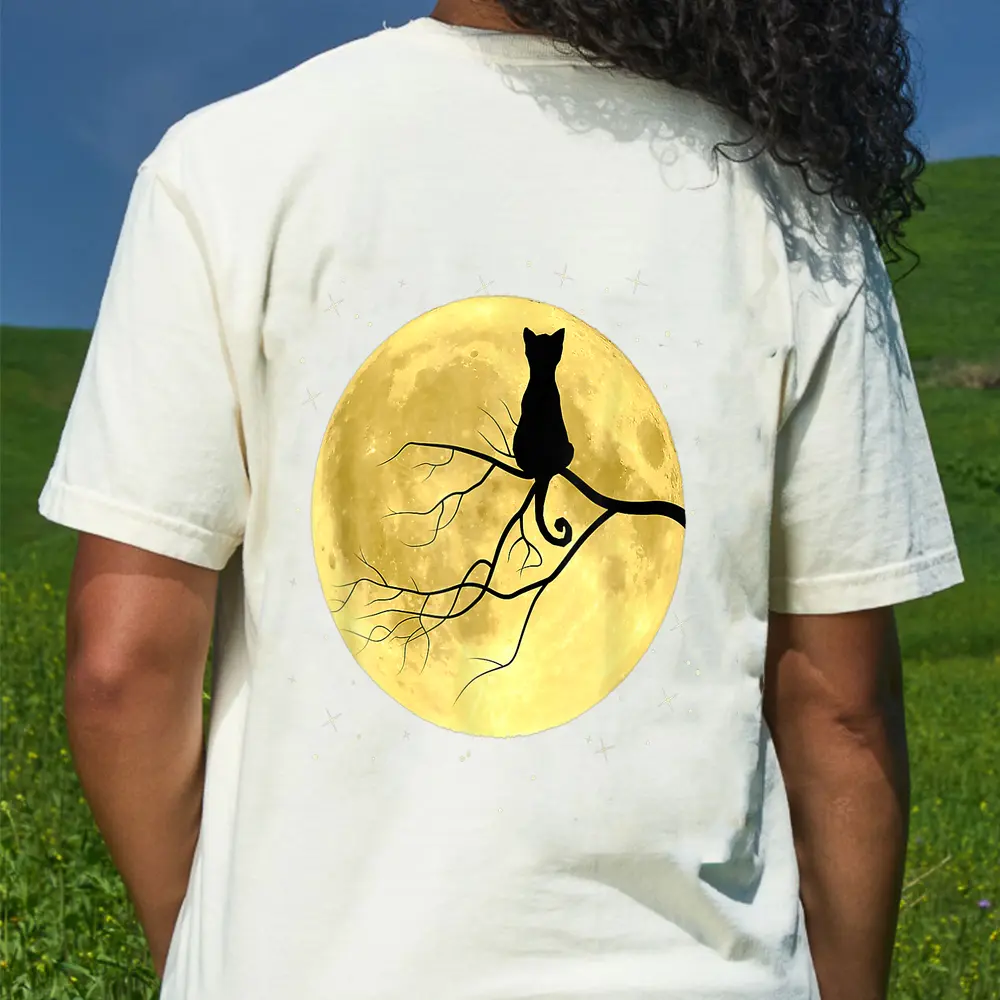 Cat Silhouette On Moon Mystical Cat Halloween Cat And Moon T-Shirt - Cream
