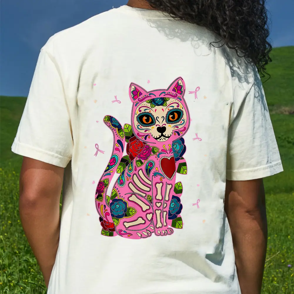 Cat Sugar Skull Mexico Breast Cancer Pink Ribbon T-Shirt - Cream