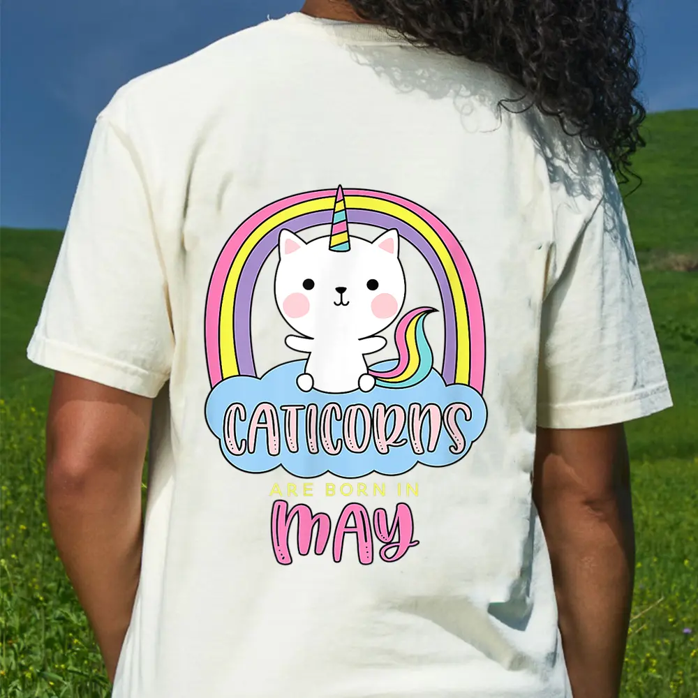 Caticorns Are Born In May Birthday Cat Unicorn Rainbow Cute T-Shirt - Cream