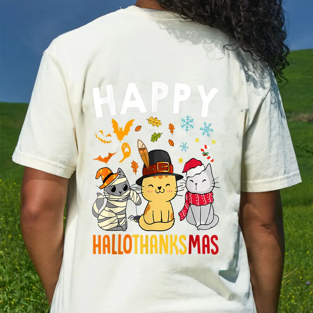 Cats Happy HalloThanksMas Thanksgiving Christmas T-Shirt - Cream