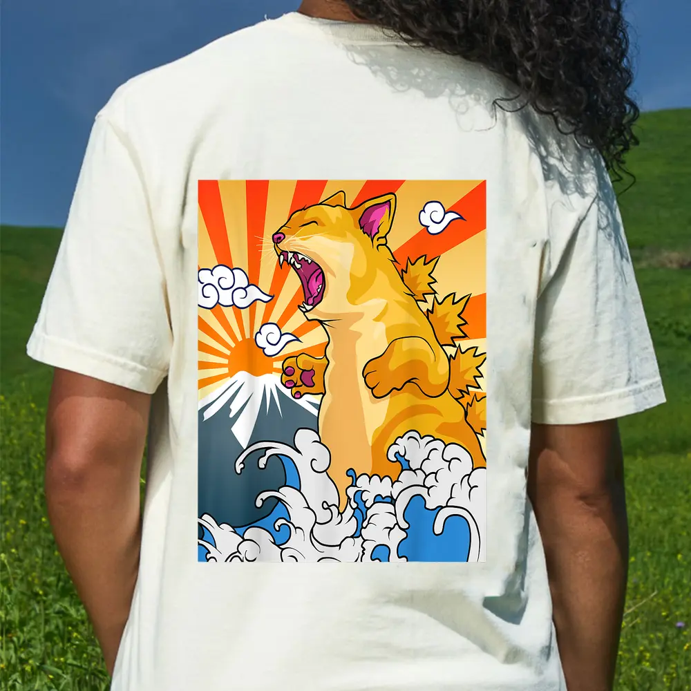 Catzilla Vintage Kawaii Cute Cat Art Japanese Sunset T-Shirt - Cream