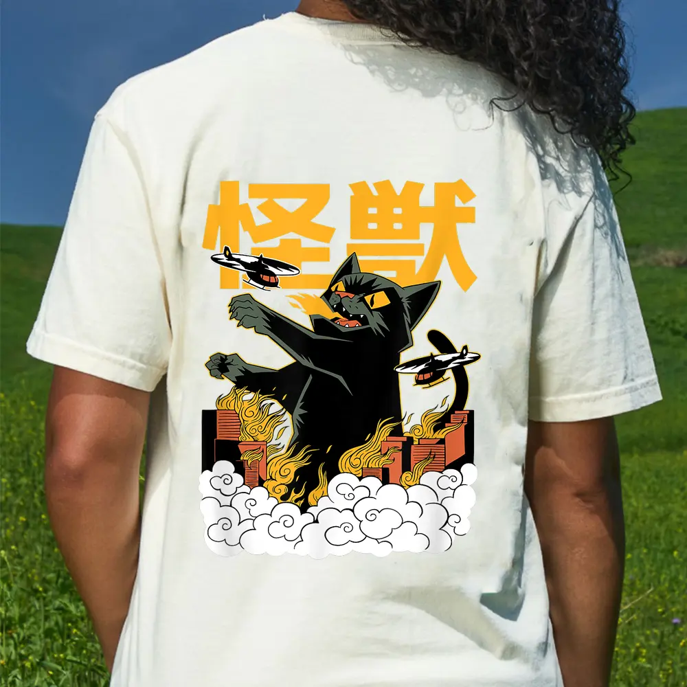Catzilla Vs Kaiju Vintage Funny Cute Cat Art Japanese Sunset T-Shirt - Cream