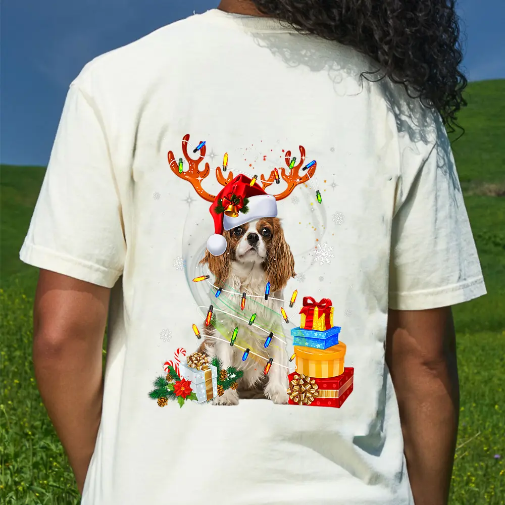 Cavalier King Charles Spaniel Christmas Reindeer Santa Dog T-Shirt - Cream
