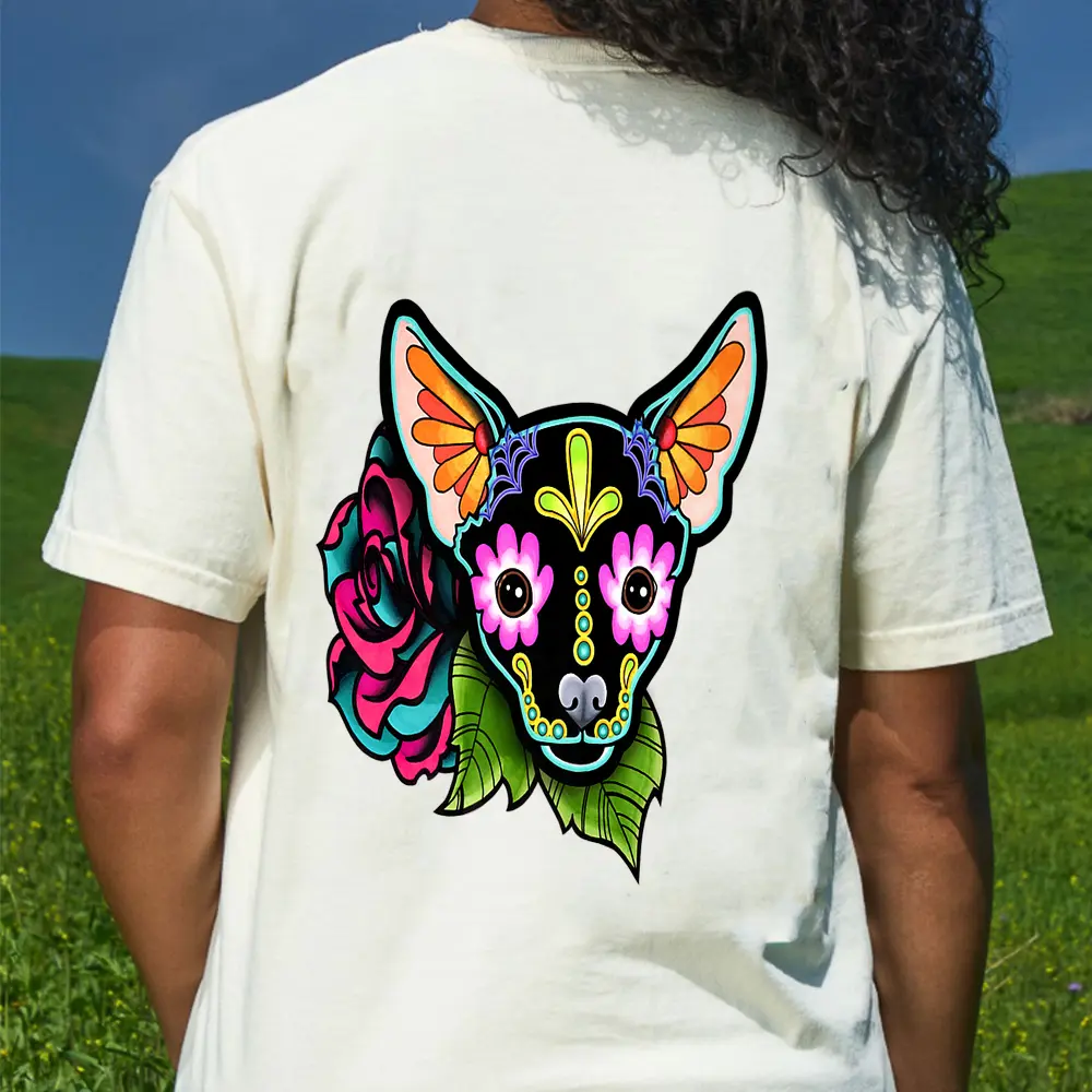 Chihuahua In Black - Day Of The Dead Sugar Skull Dog T-Shirt - Cream
