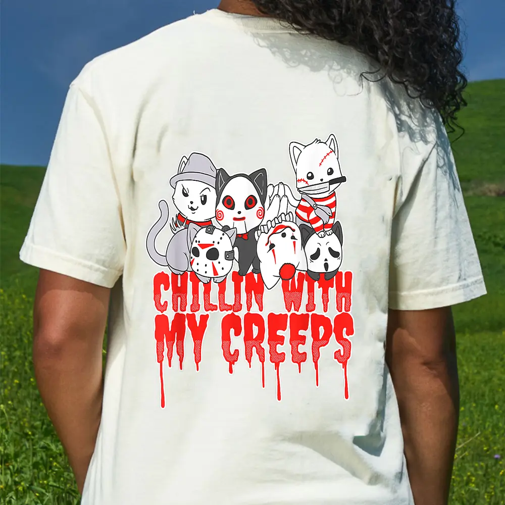 Chillin With My Creeps Cat Horror Serial Killer Halloween T-Shirt - Cream