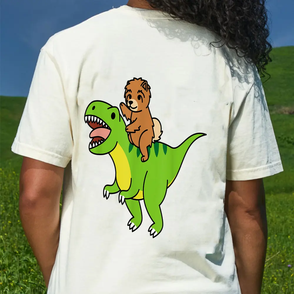 Chow Chow Riding T-Rex Dinosaur Dog T-Shirt - Cream