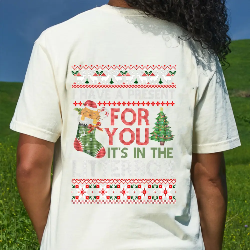 Christmas Cat Shirt - Have A Present For You Ugly Sweater T-Shirt - Cream