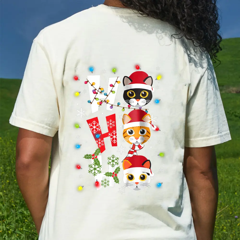 Christmas Ho Ho Ho Cat Lovers Lights Pajamas Funny Xmas T-Shirt - Cream