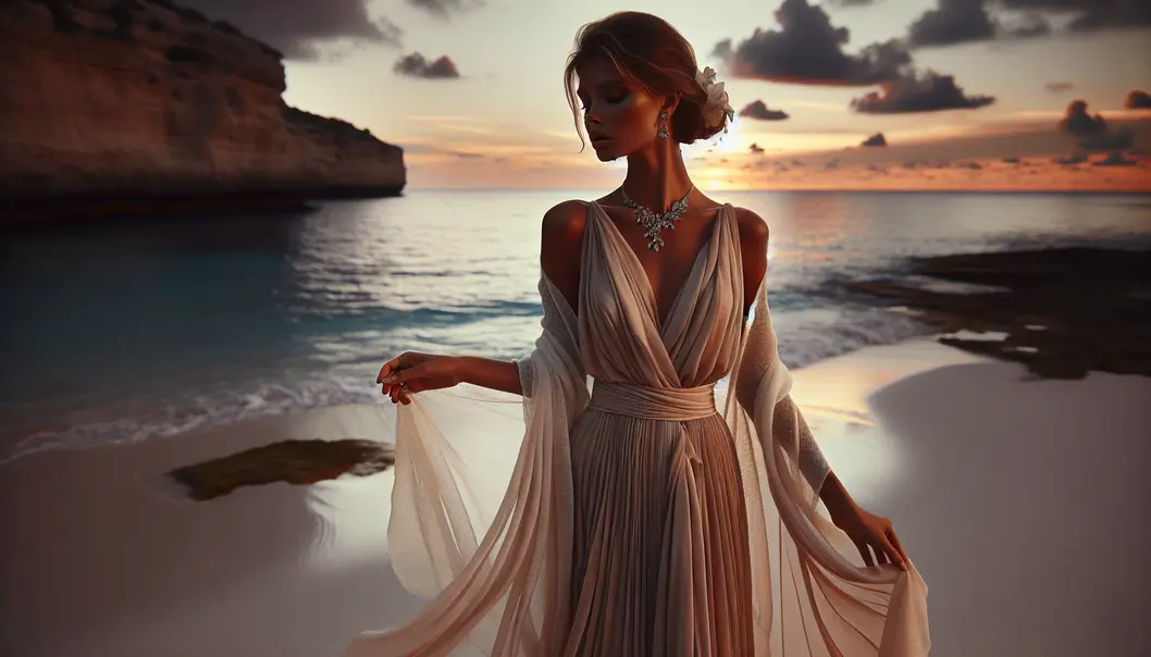 A vibrant collection of chic beach attire set against a tropical backdrop.
