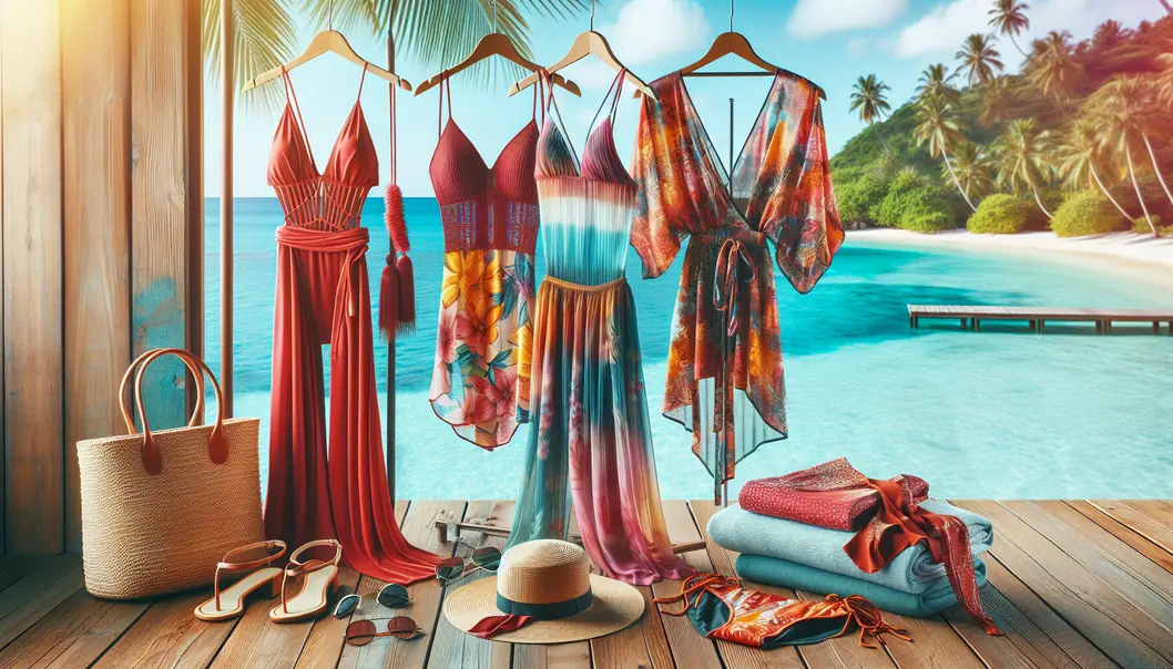 A vibrant collection of chic beach attire set against a tropical backdrop.