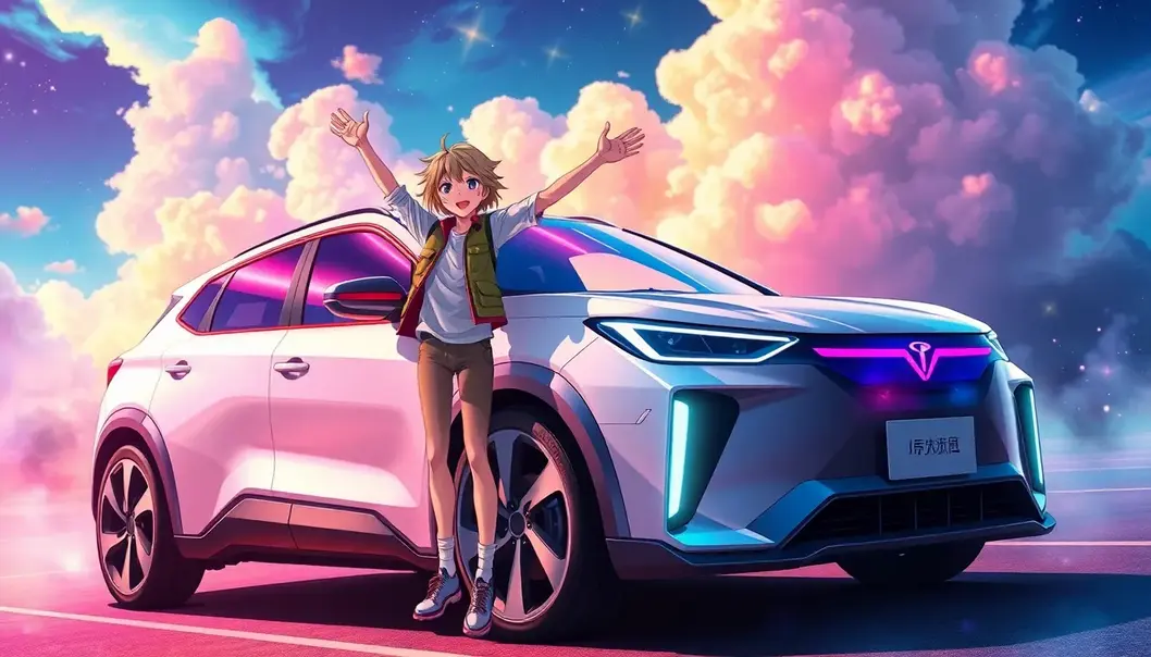 Anime fan standing next to a futuristic car in a vibrant, dream-like setting.