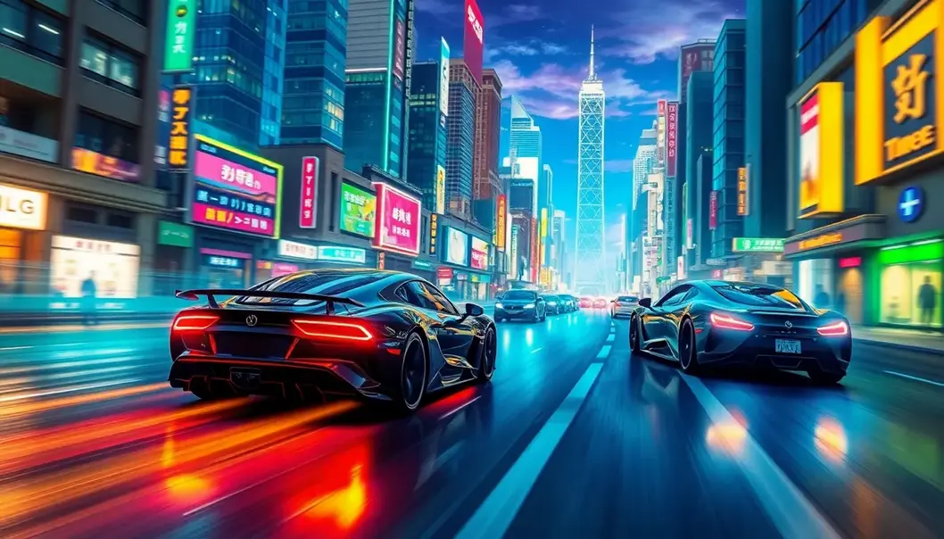 Futuristic anime city with customizable subscription cars.