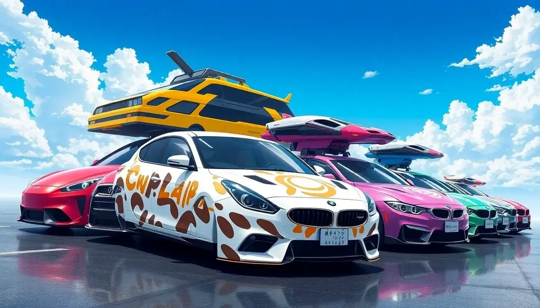 Futuristic anime city with customizable subscription cars.