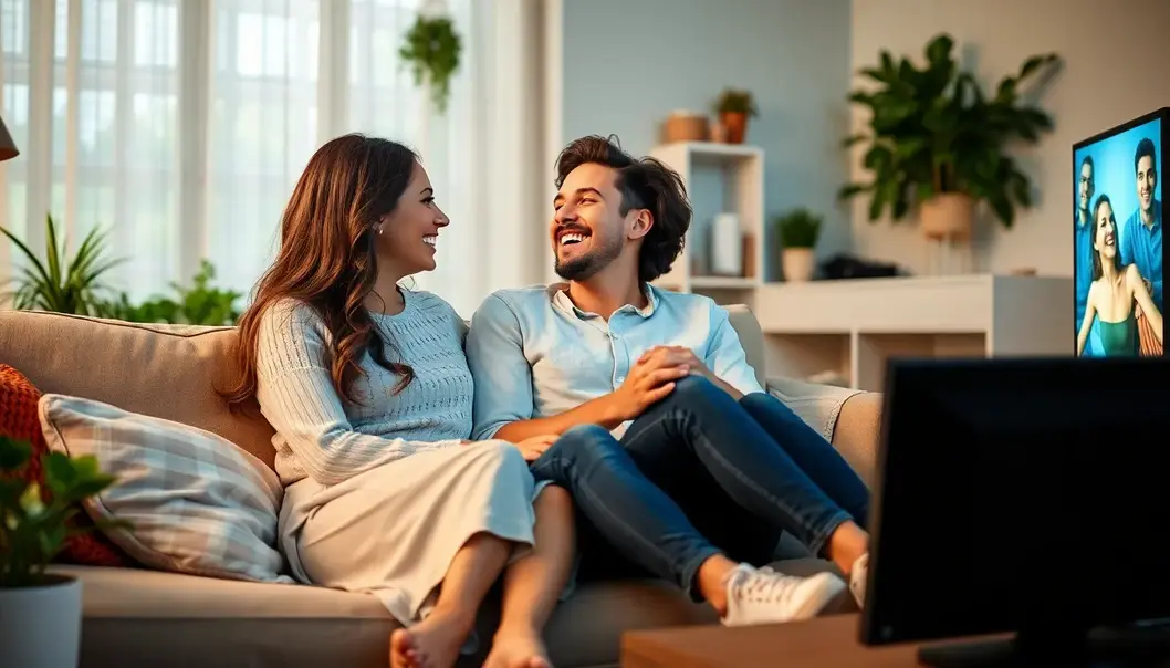 Couple enjoying a romantic comedy in their eco-friendly living room.