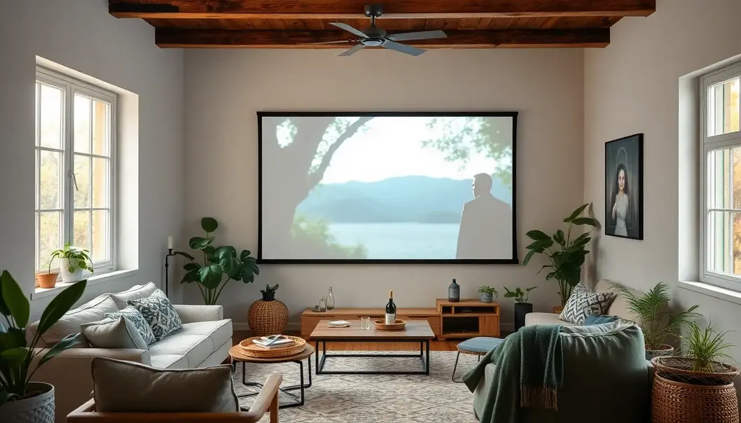 A projector displaying a romantic comedy scene in an eco-friendly decorated living room.