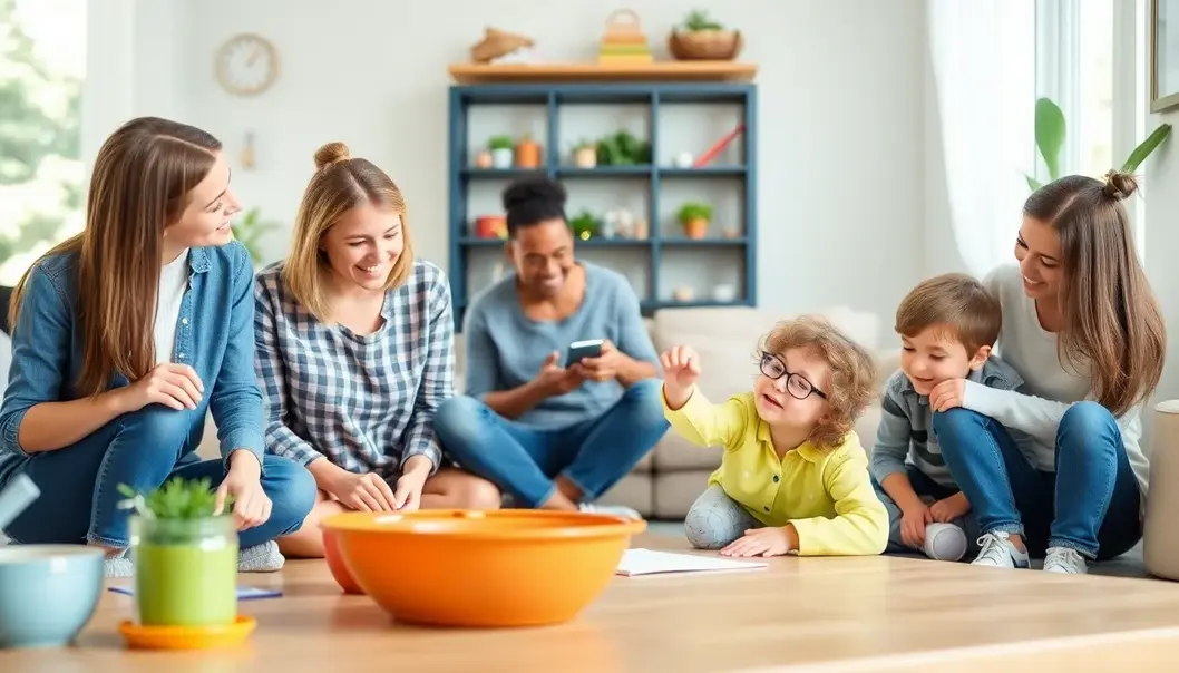 A harmonious family morning routine depicted in an organized and joyful manner.