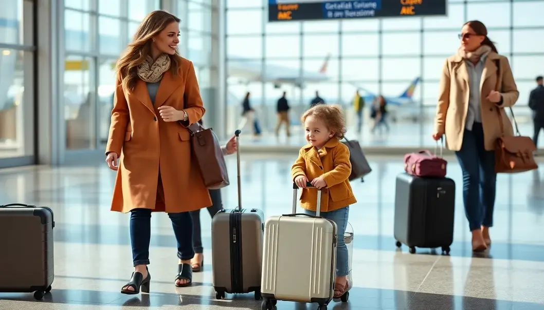 Family with toddler at the airport, dressed fashionably with stylish luggage.