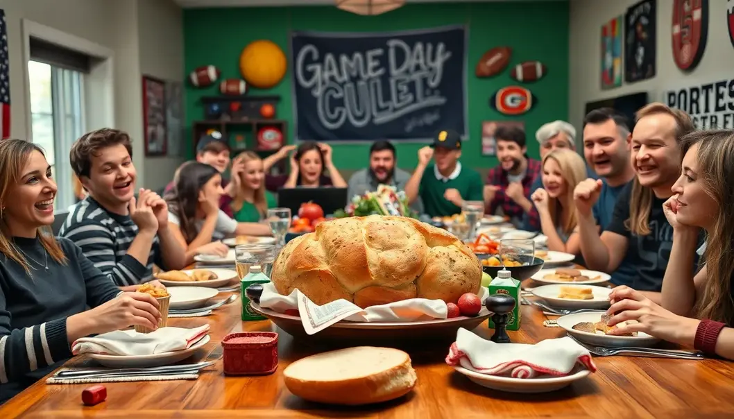 A table set for game day with homemade bread as the focus, surrounded by sports fans.