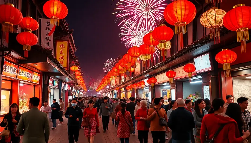 A bustling Lunar New Year street scene with people in traditional attire, red lanterns, and fireworks.