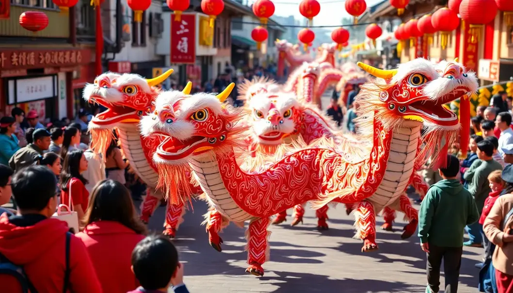 The Dragon Dance is a central ritual in Lunar New Year celebrations, symbolizing power and triumph.