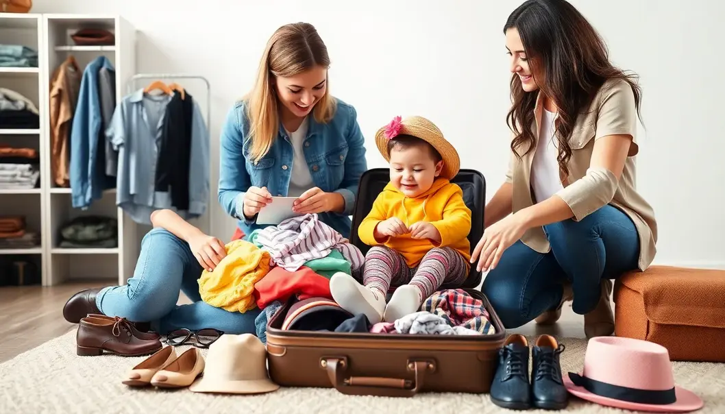 Parents and toddler packing their fashion-forward wardrobe for vacation.